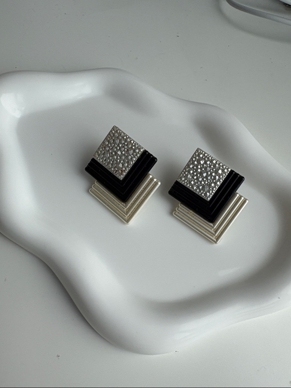 Silver & Black Geometric Stacked Pierced 80s Earrings